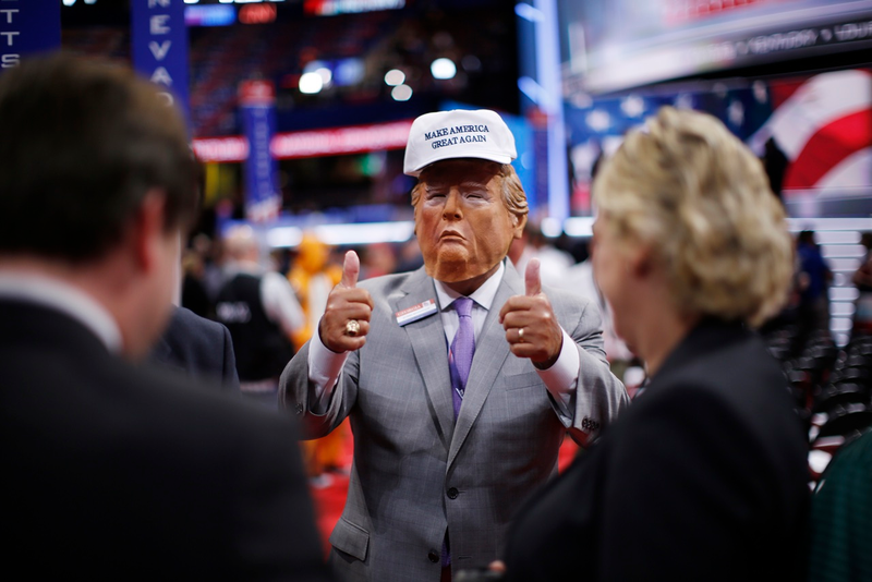 Bubba McDonald wears a mask of Trump before the last day of the Republican National Convention (AP Photo/Matt Rourke)